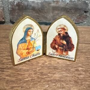 Icon Diptych Gilded Wood Arched Santa Chiara & San Francesco Religious Catholic